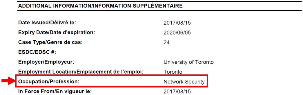 Sample work permit with occupation/profession indicated with a red arrow and box