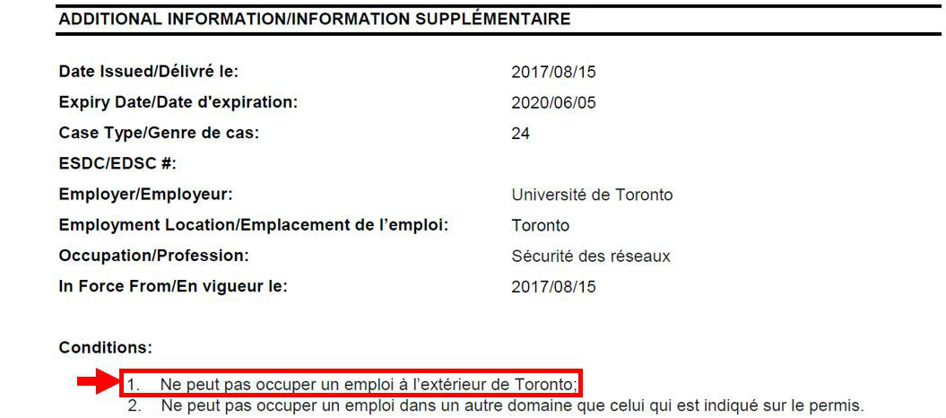 Exemple de permis de travail, l’emplacement d’emploi étant indiqué à l’aide d’une flèche et d’un encadré rouges.