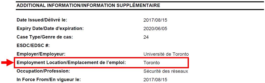 Exemple de permis de travail, l’emplacement de l’emploi étant indiqué sous la section « Information supplémentaire » à l’aide d’une flèche et d’un encadré rouges