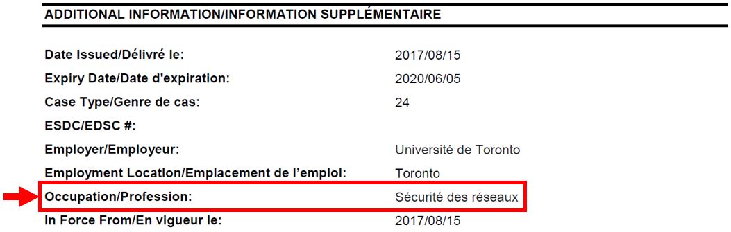 Exemple de permis de travail, la profession étant indiquée à l’aide d’une flèche et d’un encadré rouges