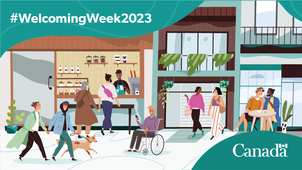 #WelcomingWeek2023. An illustration of a public setting with business storefronts, where various people interact with one another.