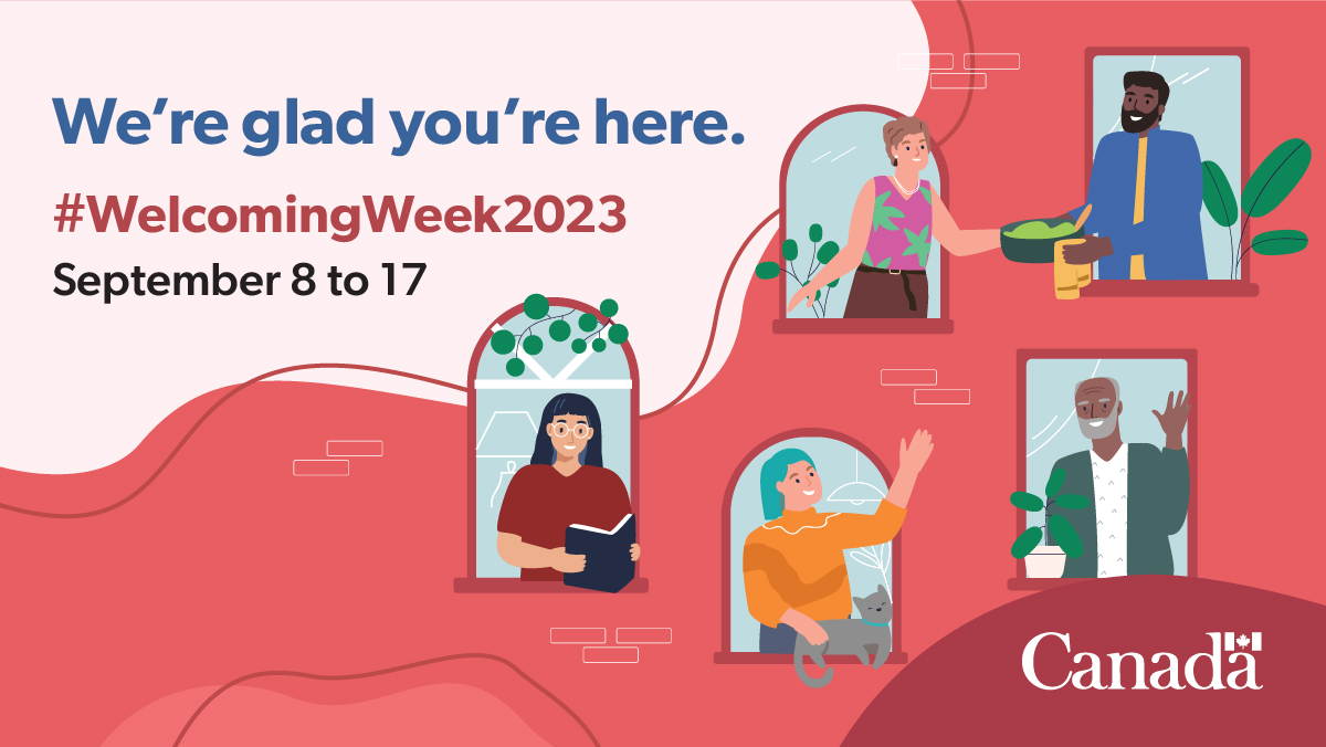 We’re glad you’re here. #WelcomingWeek2023. September 8 to 17. An illustration featuring 5 windows, showcasing various people interacting.